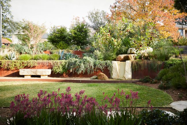 Tiered native garden with corten steel retaining walls and sandstone water feature, West Pymble